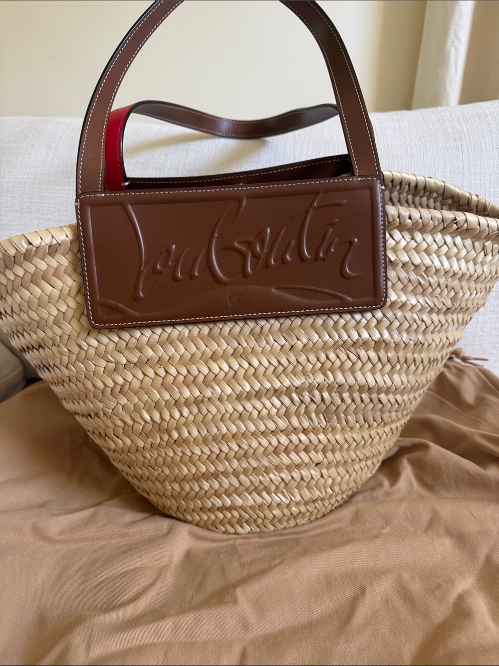 Christian Louboutin Natural Straw Tote with Brown Leather Trim